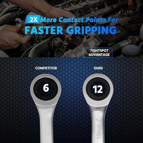 DISEN 10Pcs Ratcheting Wrench Set SAE & Metric Ratchet Wrench Set with Rack Organizer, Premium CR-v Steel, 12 Point, 72 Teeth,Box End and Open End Ratcheting Wrench Set,Metric 10-15mm&SAE 3/8''-5/8'' - size: 10pcs metric & sae set