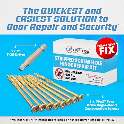 Easy DIY Stripped Screw Hole Repair Kit | Door Hinge Repair Kit No Pre-Drilling or Glue Required | Includes 8 x #9 x 3 Inch Star No-Strip Torx Drive Screws and 2" Driver | All You Need is a Drill