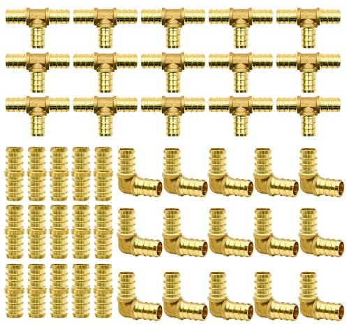 45pcs 1/2" PEX Fittings, Elbow TEE Straight Couplings Set, PEX Brass Crimp Fitting Combo with Tees, Elbows, Straights | for PEX Pipe - size: 1/2"-45pcs