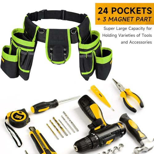 Tool Belt with 4 D-Rings,27-Pockets Tool Belts for Men,Construction - color: Green & Black, size: 27 Pockets with Magnet Pouch