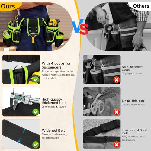 Tool Belt with 4 D-Rings,27-Pockets Tool Belts for Men,Construction - color: Green & Black, size: 27 Pockets with Magnet Pouch