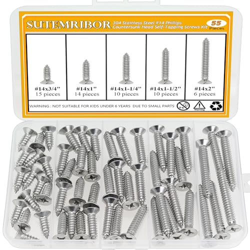 55 Pieces #14 x 3/4" 1" 1-1/4" 1-1/2" 2" Wood Screws Set, Phillips Countersunk Head #14 Self-Tapping Screws Assortment Kit, 304 Stainless Steel - size: #14, style: Phillips Countersunk Head