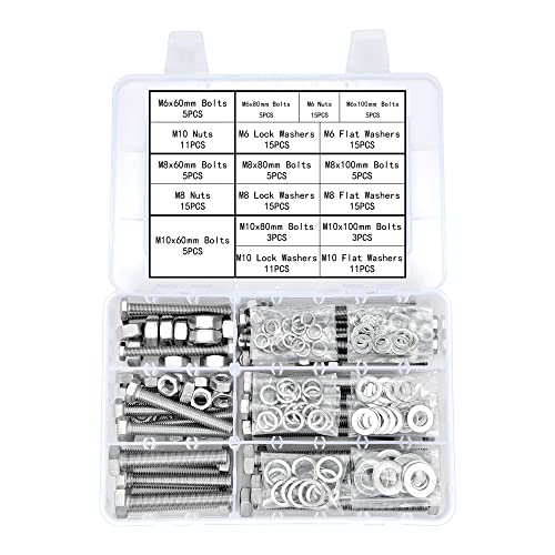 164Pcs M6/M8/M10 Hex Nuts Bolts Set 304 Stainless Steel Long Bolts - color: K13 Long Sets-Silver