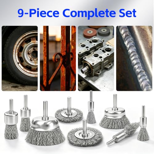 Wire Brush for Drill 9 Pcs Set with 1/4 Inch Shank for Rust - size: 9PCS