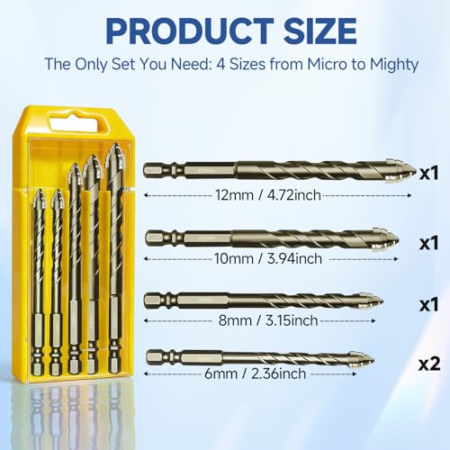 5 Piece Set of Four Flute Drill Bits - High Hardness Eccentric Twist Drill Bits Set for Tile Glass Ceramic Brick Metal Plastic Wood & General Concrete (6/6/8/10/12mm)