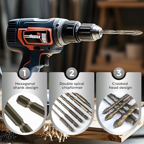 6 Pcs Four-Flute Sawtooth Eccentric Twist Drill Bit, Concrete and Masonry Drill Bit Set, Set for Concrete/Glass/Tile/Wood/Metal, Hexagonal Shank Drills, Short bits, (4/5/6/8/10/12mm)