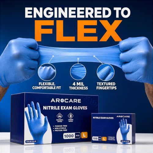 AroCare Nitrile Exam Gloves, 4 Mil, Powder-Free, Latex-Free, 1,000 Count - size: Medium