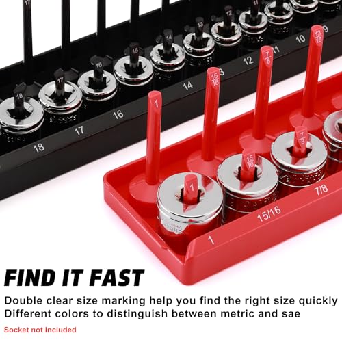 8-Piece Socket Organizer Trays, SAE and Metric Socket Tray Set, 1/4", 3/8", and 1/2" Drive Deep and Standard Socket Holders Organizers for Toolbox, Black & Red - size: 8PCS METRIC&SAE