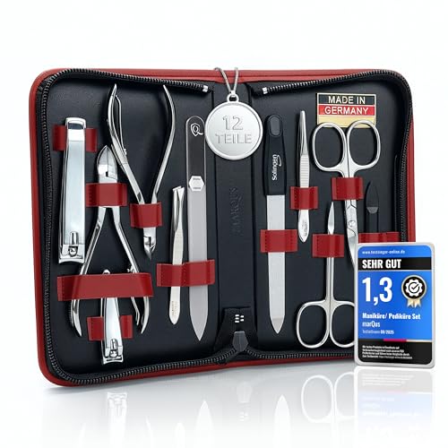Manicure Set Women and Men – 12-Piece Professional Grooming Kit with Premium Tools, Genuine Leather Case, and exclusive Glass Nail File for Hand & Foot Care, German Quality - color: Red