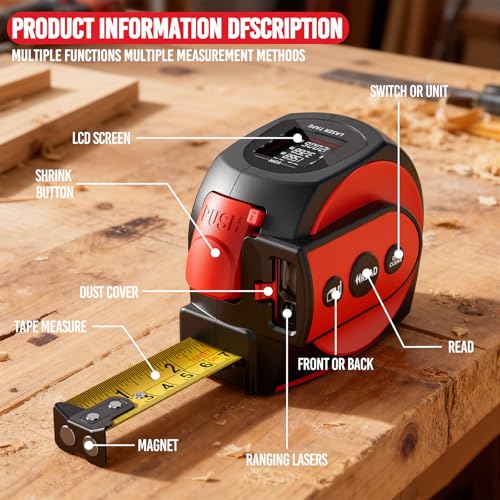SENDA 3-in-1 Laser Tape Measure - 197Ft Rechargeable Laser Measuring Tape with Led Display & 16Ft Measuring Tool with Magnetic Hook & Auto Lock -20 Data Sets,Pythagorean/Area/Volume,Ft/Ft+in/in/M Unit - color: Red(USB-C Charge), size: 197 FT