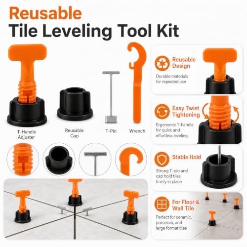 50 Sets Reusable Tile Leveling System Kit with Wrench, 1/16 Inch Tile Spacers and Leveling Clips, Anti Lippage Tile Leveler Tool for Floor Wall Installation, Ceramic Porcelain Tiles