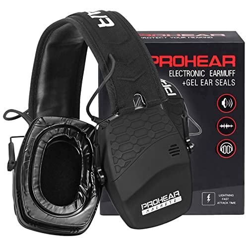 PROHEAR Digital Electronic Shooting Ear Protection Muffs with GEP02 Gel Ear Pads, Hunting 5X Sound Amplification Earmuffs, NRR 23dB Low Profile Hearing Protection for Gun Range - Black - style: Electronic 2.0+gel Ear Pads- Black