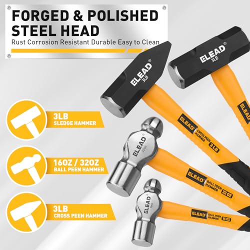 ELEAD 6-Piece Mallet Hammer Set, Fiberglass Handle Forge Steel Head, 32oz Rubber Mallet & Ball Peen Hammers, 16oz Ball Peen Hammer, 3LB Sledge & Cross Peen Hammers, 600g Wood Split Axe