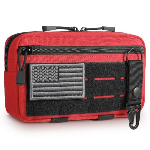FRTKK Tactical Molle Admin Pouch Utility Laser Cut EDC Tool Pouch Bag Horizontal Modular Pouches Include US Flag Patch and Keychain - color: Red A