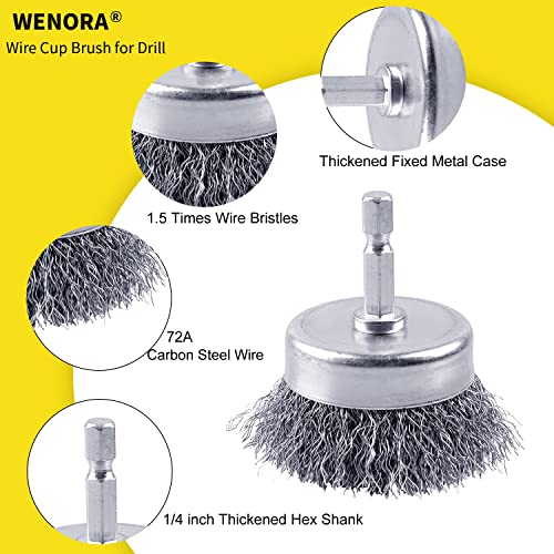 2 Pack WENORA Wire Brush Set for Drill, 1/4 Inch Hex Shank, 0.010 Inch Coarse Carbon Steel Drill Brush, Rust Removal - 2 Inch