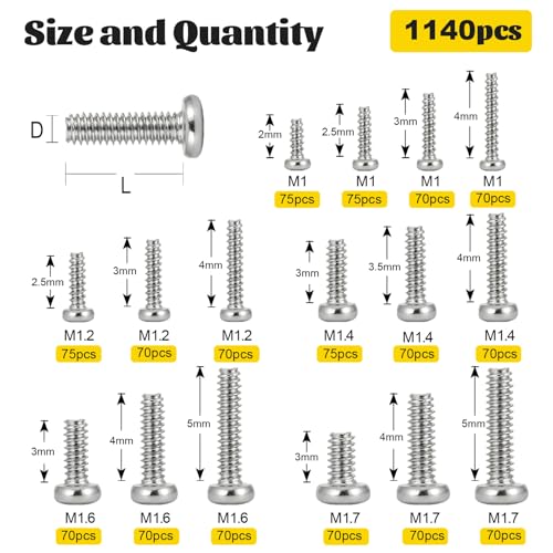 1140pcs M1 M1.2 M1.4 M1.6 M1.7 Micro Mini Pan Head Machine Screws Kit - size: M1M1.2M1.4M1.6M1.7 1140pcs