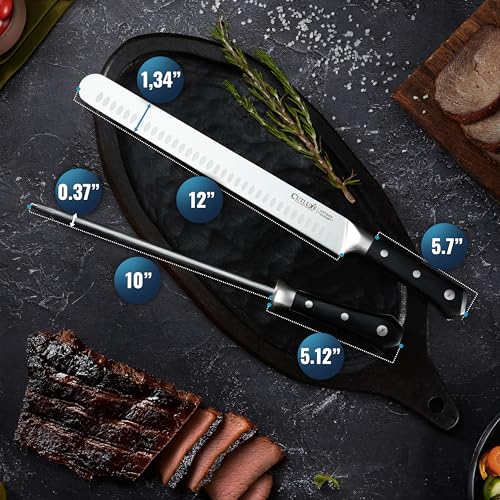 Cutluxe BBQ Carving Set, 12" Brisket Knife & 10" Honing Rod for Meat - size: 2 Pcs Brisket Knife Set