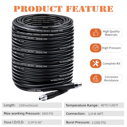 150FT Sewer Jetter Kit for Pressure Washer, 5800PSI Drain Cleaner Hose - color: Black -150FT hose