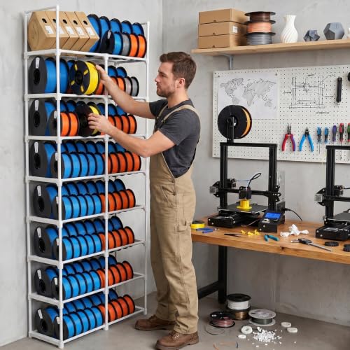 8-Tier 2-Column Modular 3D Printer Filament Storage Rack, Metal Filament Spool Holder & Organizer, Holds 96 Spools(1kg), Filament Storage Shelf for Home Office Workshop, Tool-Free Assembly(White)