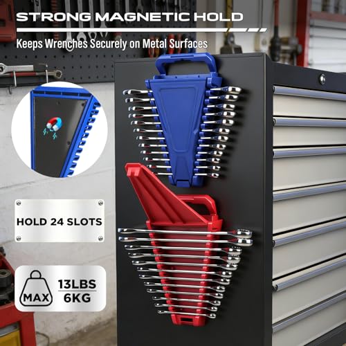 8-Piece Magnetic Socket and Wrench Organizer Set, Metric & SAE, 1/4", 3/8", 1/2"Drive Detachable Socket Storage Tray, 24-Slot Wrench Holder with Non-Slip Handle & Lock Cover for Toolbox Drawer Storage - style: 8-Piece Secure Locking Comb
