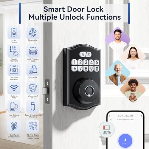 Ulecoce Y58 Deadbolt Smart Lock with Built-in WiFi, 5-in-1 Keyless Entry Fingerprint Door Lock for Front Door, App Control, Auto Lock, 15-Min DIY Install, IP54 Waterproof, Matte Black
