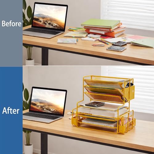 Simple Trending 7 Tier Desk File Organizer, Letter Tray Paper Organizer with Pen Holder and Metal Hanging Basket, Gold - color: Pen Holder Gold