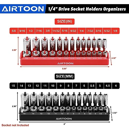 1/4-Inch & 3/8-Inch Drive Socket Organizer Trays, 4-Piece SAE and Metric Socket Tray Set, Deep and Standard Socket Holders Organizers for Toolbox, Black & Red - size: 1/4 & 3/8-Inch SAE and METRIC
