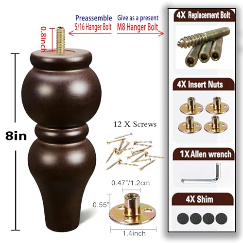 SHANJUE 8 Inch Sofa Legs Wood Round Furniture Feet for Couch Dresser, 4PC - size: 8 inch