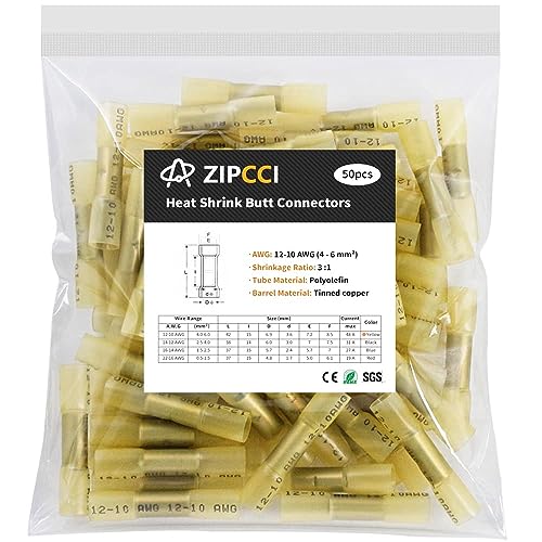 12-10 AWG Heat Shrink Butt Connectors - 50Pcs Yellow Waterproof Crimp Electrical Wire Connectors Splice Marine Automotive Cable Wiring Terminals - size: AWG 12-10
