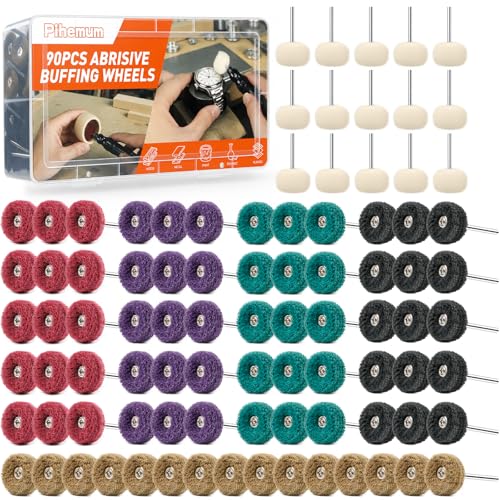 90-Piece Abrasive Buffing & Polishing Wheel Set - 1/8" Shank, 1" (25mm) 80-800 Grit, 15 Wool Felt Buffing Wheels, Rotary Tool Polishing Kit for Metal, Jewelry, Wood, Glass - color: Mix 90Pcs