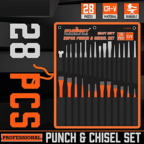 HORUSDY 28-Piece Heavy Duty Punch and Chisel Set, Including Taper, Cold Chisels, Pin, Center Punch - size: 28-Piece Heavy-Duty Set