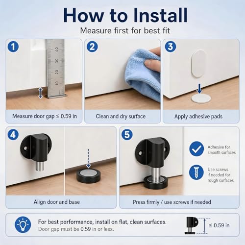 Magnetic Door Stopper 2 Pack Zinc Alloy Adhesive Screw Mount Black