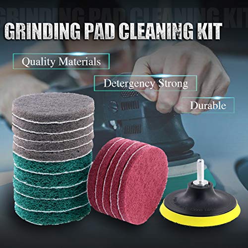 Swpeet 16Pcs 4Inch 3 Different Color Scrubbing Pads Drill Powered Brush Tile Scrubber Scouring Pads Cleaning Kit, Abrasive Buffing Pads Replacement with 1 Pcs Hook Attachment for House Cleaning