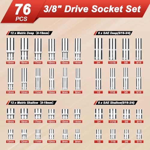 Egofine 3/8" Drive Socket Set, 76 PCS Ratchet Wrenches Set, Standard and Deep Metric (8 to 19mm)/SAE (5/16 to 3/4 inch) Size, with 72-Tooth Ratchet for Auto Repairing and Household, with Storage Case - style: 3/8" 76 PCS with 72 Teeth Ratchet