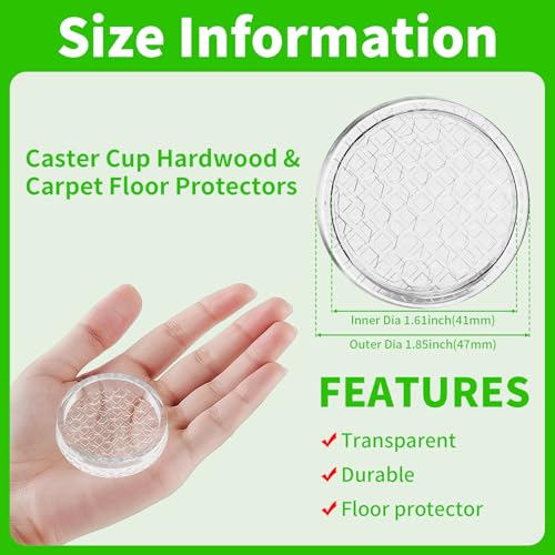 1.6"x1.6" Round Rubber Furniture Caster Cups, 12 PCS Chair Coasters for Carpet - Clear Non Slip Furniture Pads with Grip, Carpet Protector for Furniture Legs - Protect Any Flooring | Clear Carpet Protector for Furniture Legs, Non Slip Furniture Pads for H