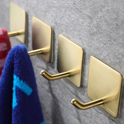 YIGII Adhesive Towel Hooks/Bathroom Hook, Gold Self Adhesive Hooks Heavy Duty Coat Hooks 4-Packs, Non-Punching for Hanging Robes Clothes Hats Stick on Kitchen Bedroom Wall Door, Stainless Steel - color: Gold