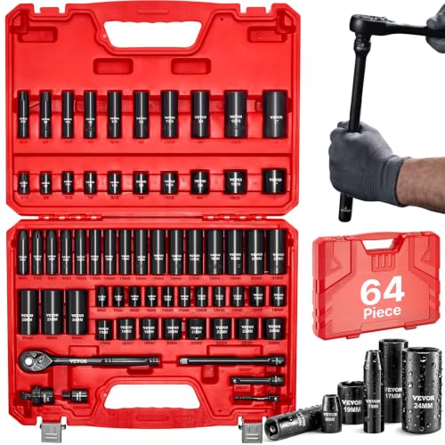 VEVOR 3/8" Drive Impact Socket Set, 64 Piece, Deep & Shallow Kit - size: 3/8" 64 PCS