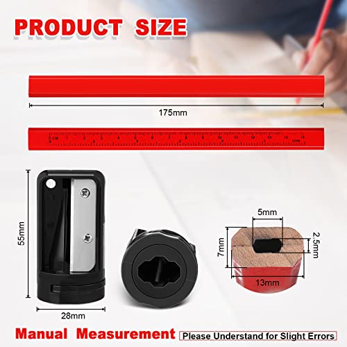 Honoson 200 Pcs Flat Construction Pencils with Printed Ruler Wood Graphite 2 Pcs Carpenter Pencil Sharpener for Woodworking Marking Tool(Red) - color: Red