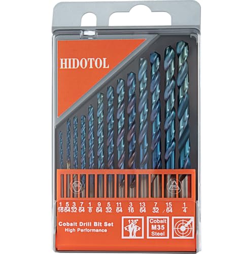 HIDOTOL 13 PCS Blue Coating Cobalt Drill Bit Set M35 HSS Twist Drill Bits 1/16"-1/4" for Hardened Metal, Stainless Steel, Cast Iron, Plastic and Wood - size: Blue Coating Cobalt 13 PCS