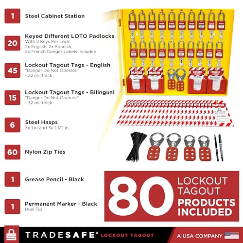 TRADESAFE Lockout Tagout Station with 20 Keyed Different Loto Locks, 6 Lockout Hasps, 60 Lock Out Tags, Lock Out Tag Out Kit Station, Lock Out Kit Cabinet 22-1/2 x 18 x 3 inches - style: Stocked | Keyed Different