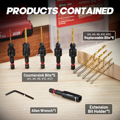EZARC Countersink Drill Bit Set, 12PCS 2-Flute Adjustable Bits for Wood