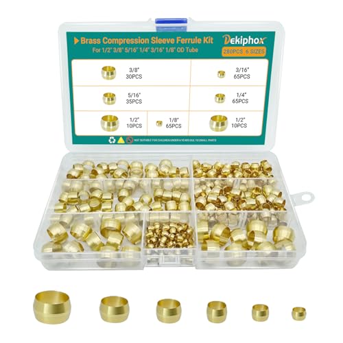 280PCS Brass Compression Sleeves Ferrules, Compression Fitting Ferrule Kit | 6 Sizes 1/2" 3/8" 5/16" 1/4" 3/16" 1/8" Tube OD for Air Water Fuel Oil and Inert Gases Line Repair - color: 280PCS Sleeves Ferrules