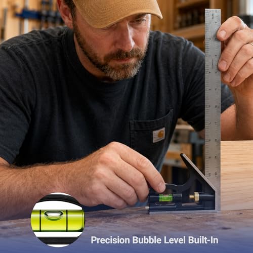 12 Inch Combination Square, Adjustable Carpenter Square with Stainless Steel Ruler and Aluminum Head, Metric and Inch Scale, Bubble Level and Scriber, 90 and 45 Degree Combo Layout Tool - size: 12-Inch