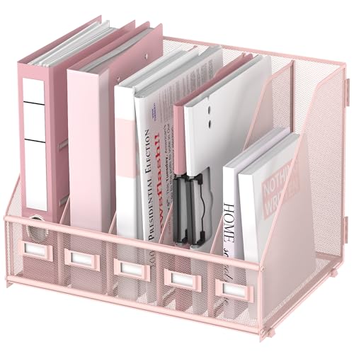 SUPEASY Desk Organizers Metal Desk Magazine File Holder with 5 Vertical Compartments Rack File Organizer for Office Desktop, Classroom, Home Workspace, Pink Plus - color: Pink, size: Large