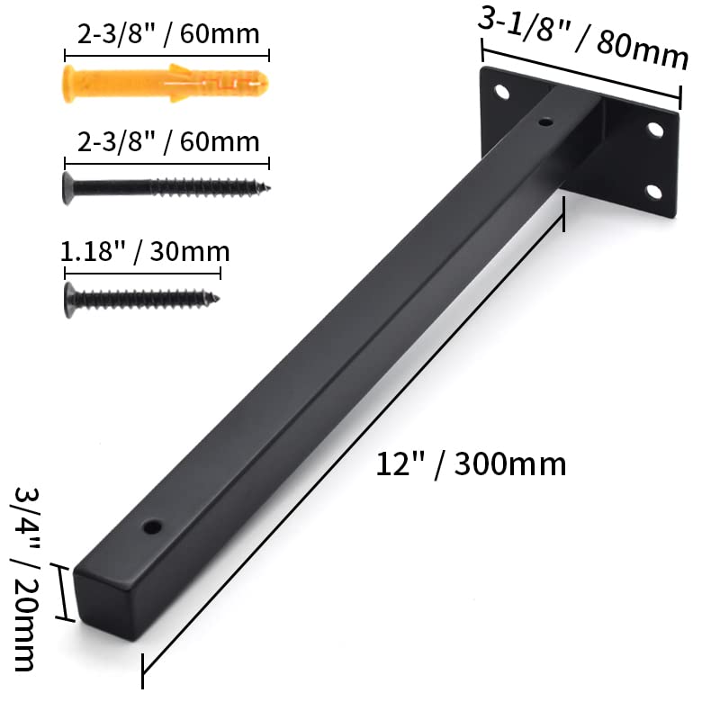 12 Inch Floating Shelf Brackets Heavy Duty, Square Shelving Brackets, Metal Floating Shelf Supports, Black Wall Mount Brackets 4 Pack - size: 12 Inch