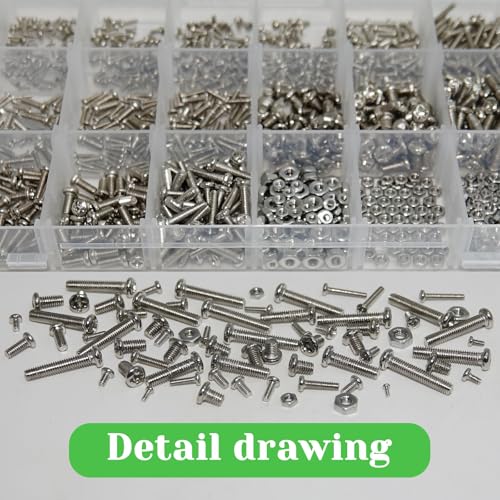 1240Pcs 304 Stainless Steel Metric Micro Screws Nuts Assortment, M1 M1.2 M1.4 M1.6 M1.7 M2 M2.5 M3 Sizes, Micro Phillips Head Pan Head Screws, Fully Threaded Kit for Arduino, RC Models, Electronics - size: M1/1.2/1.4/1.6/1.7/2/2.5/3-1240Pcs