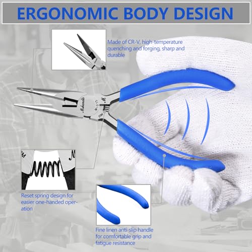 Needle Nose Pliers Set, mshandto 5" Long Nose Pliers for Wire Bending, 6 Pack High Carbon Steel Needle Nose Pliers, Serrated Jaw Pliers for Jewelry Making, Electronics, Object Grasping, Craft Making - size: 5"-6Pack