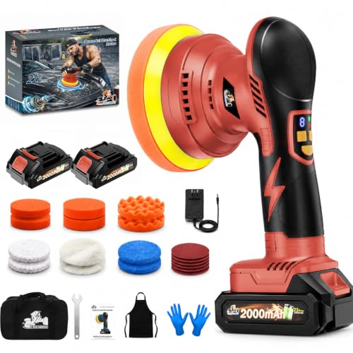 Cordless Dual Action Car Buffer Polisher, 8-Speed, 2*21V Batteries - color: Red