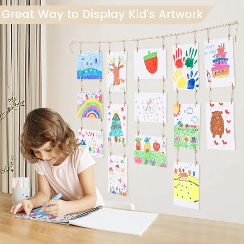 KLOGTSIND Kids Art Display Wall Decor, Wood Beads Garland with 34 Clips - color: Brown