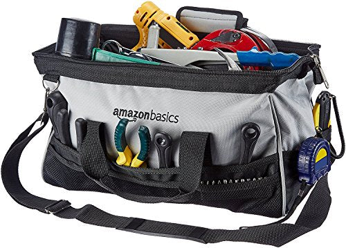 Amazon Basics Durable Wear-Resistant Tool Storage Bag with Adjustable Shoulder Strap, Portable Tool Organizer, 16 in, Black & Grey - size: Large Standard Bag